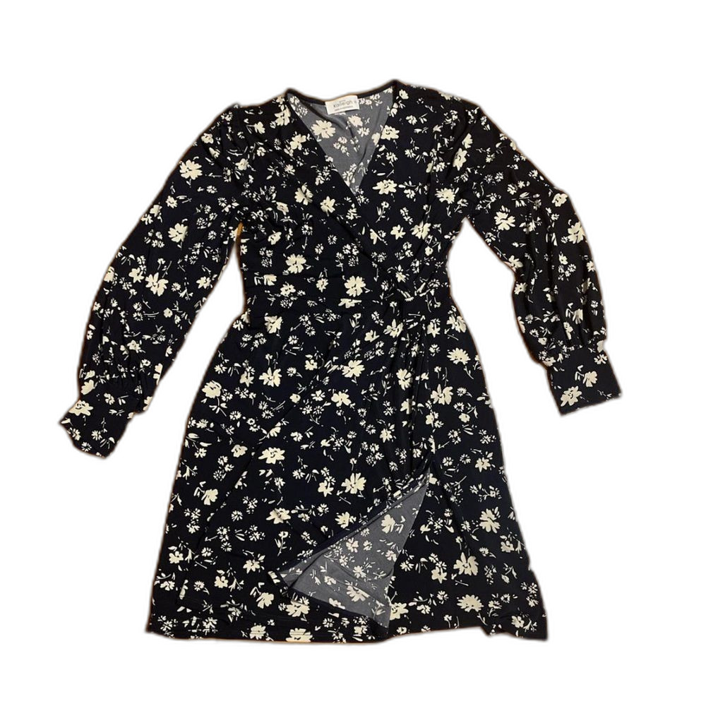 Blue Long slee e Floral Wrap Dress